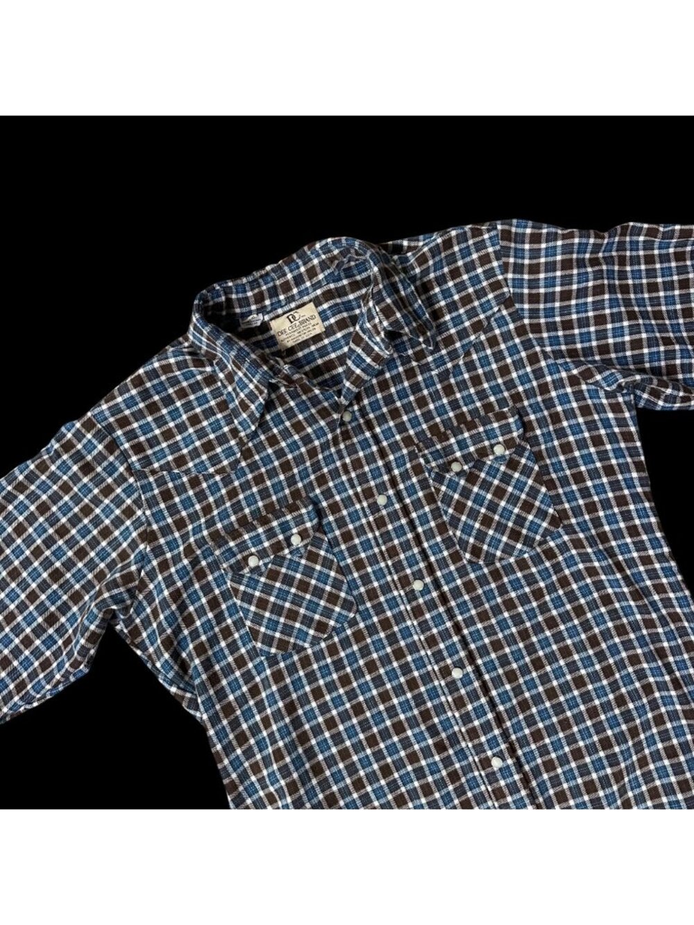 Vintage Western Plaid Shirt Pearl Snaps Blue Brown Long Sleeve Dee Cee USA 16-35